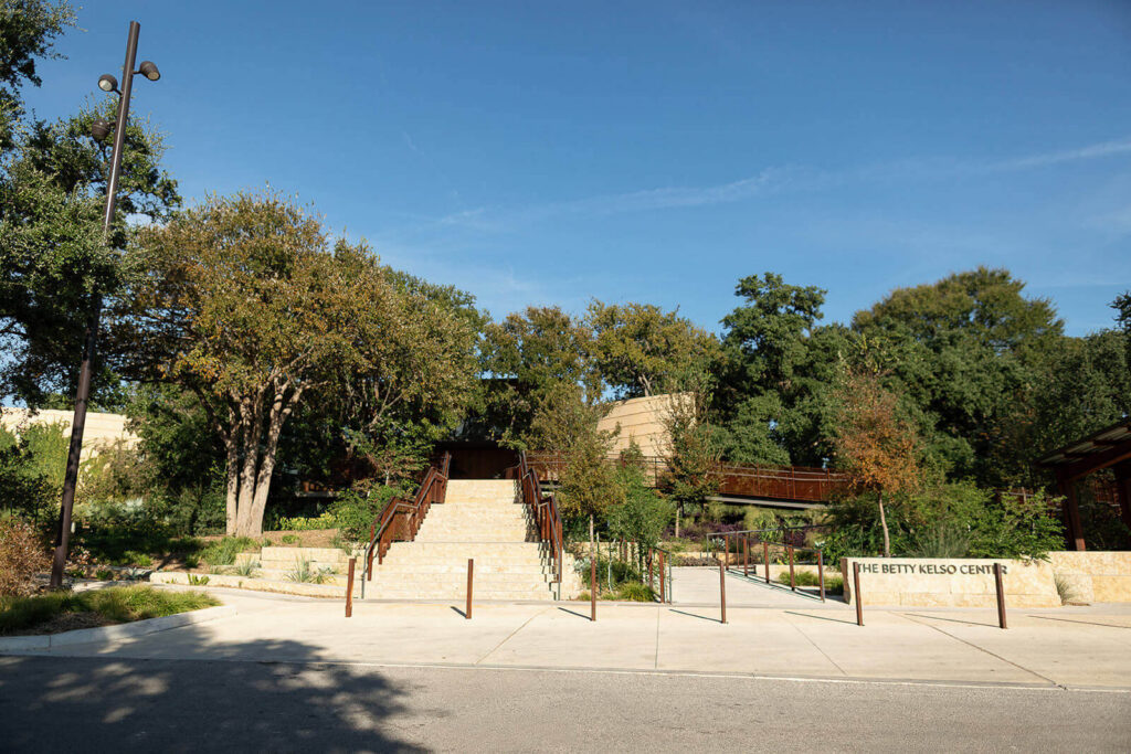 The Betty Kelso Center private entrance from parking lot with steps and ramp up to the main doors