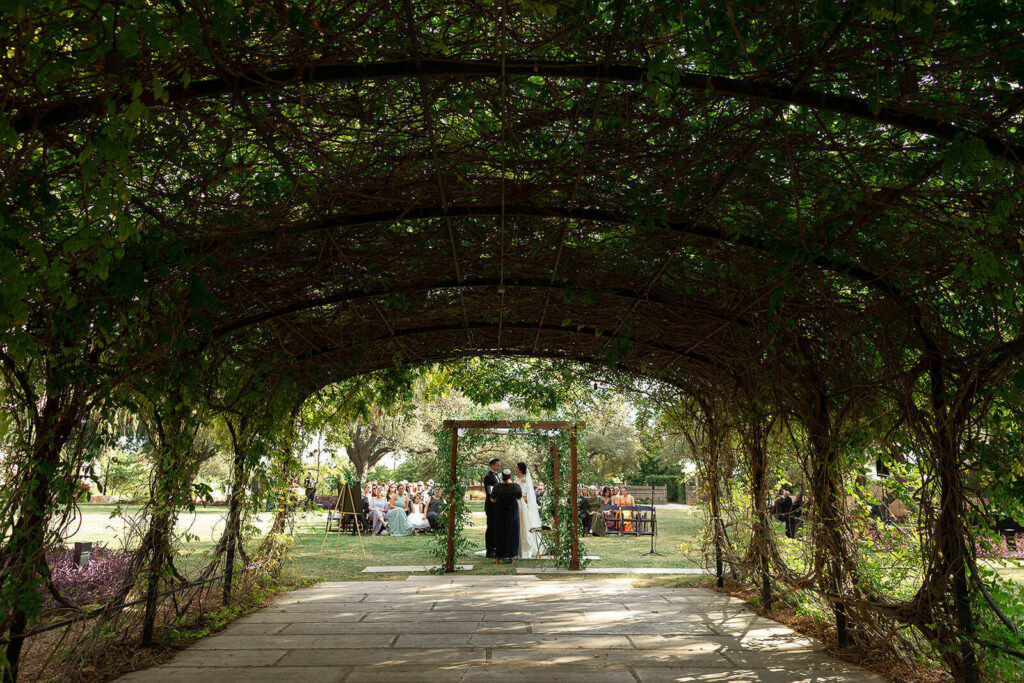 A wedding ceremony on Greehey lawn framed with the inside of Wisteria Arbor