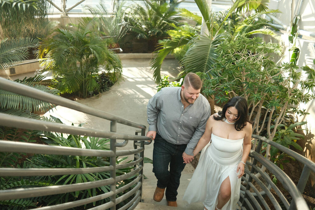 Couple walking up stairs inside the palm and cycad pavilion